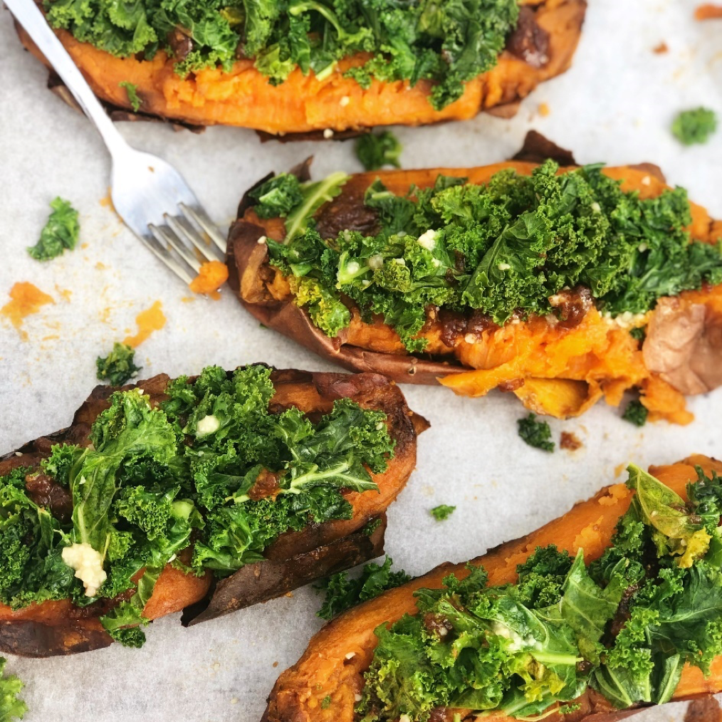GARLICKY KALE WITH KUMARA AND ALMOND BUTTER